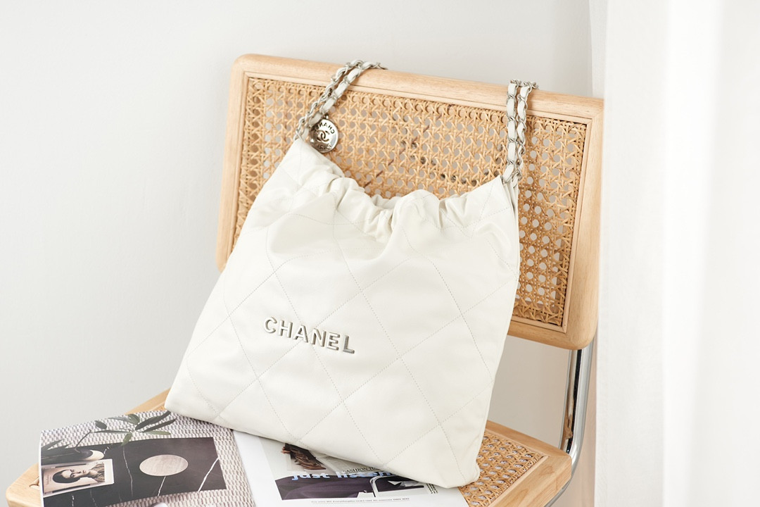 CHANEL 22 HANDBAG Metallic Shaded Calfskin & Silver-Tone Metal White 15.2×16.4×3.1 in