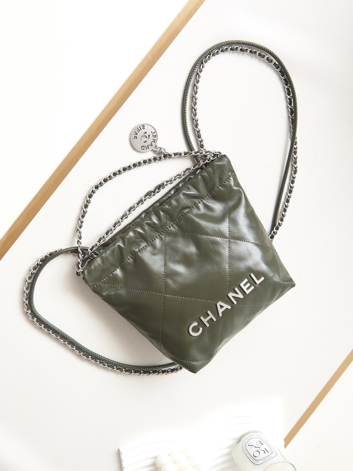 CHANEL 22 MINI HANDBAG Shiny Calfskin & Silver-Tone Metal black 7.8 × 7.4 × 2.3 in