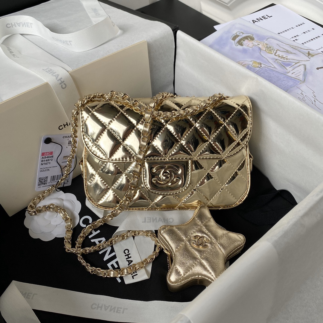 CHANEL FLAP BAG & STAR COIN PURSE GOLD 12.5×19×5cm