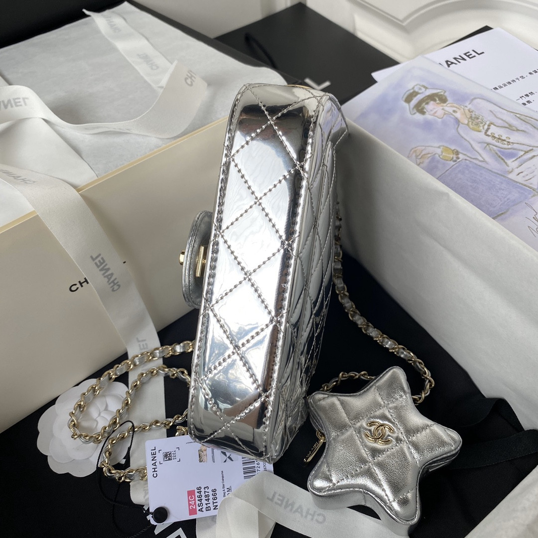 CHANEL FLAP BAG & STAR COIN PURSE SILVER 12.5×19×5cm