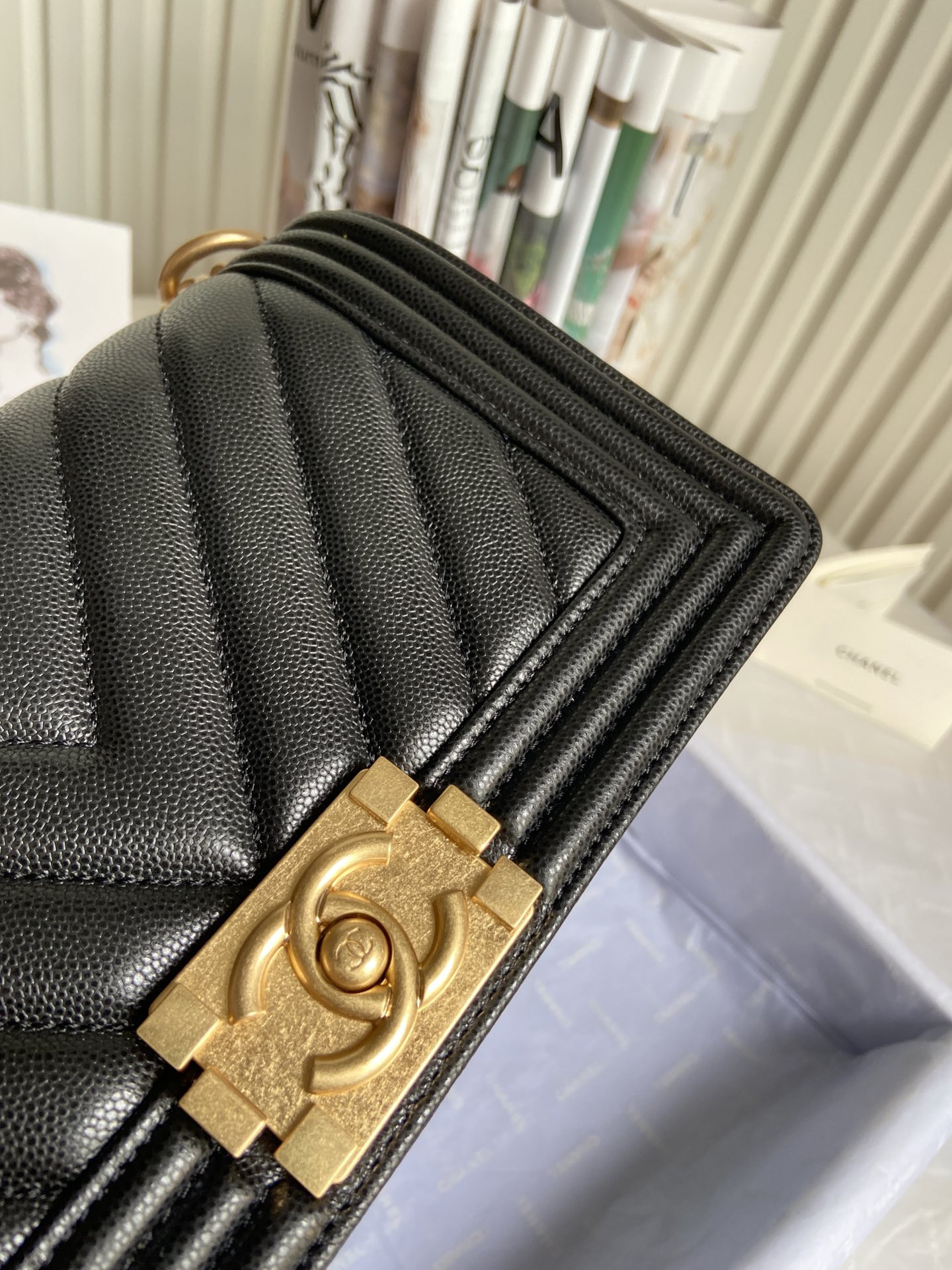 BOY CHANEL HANDBAG Shiny Grained Calfskin Black 5.9 × 9.8 × 3.5 in