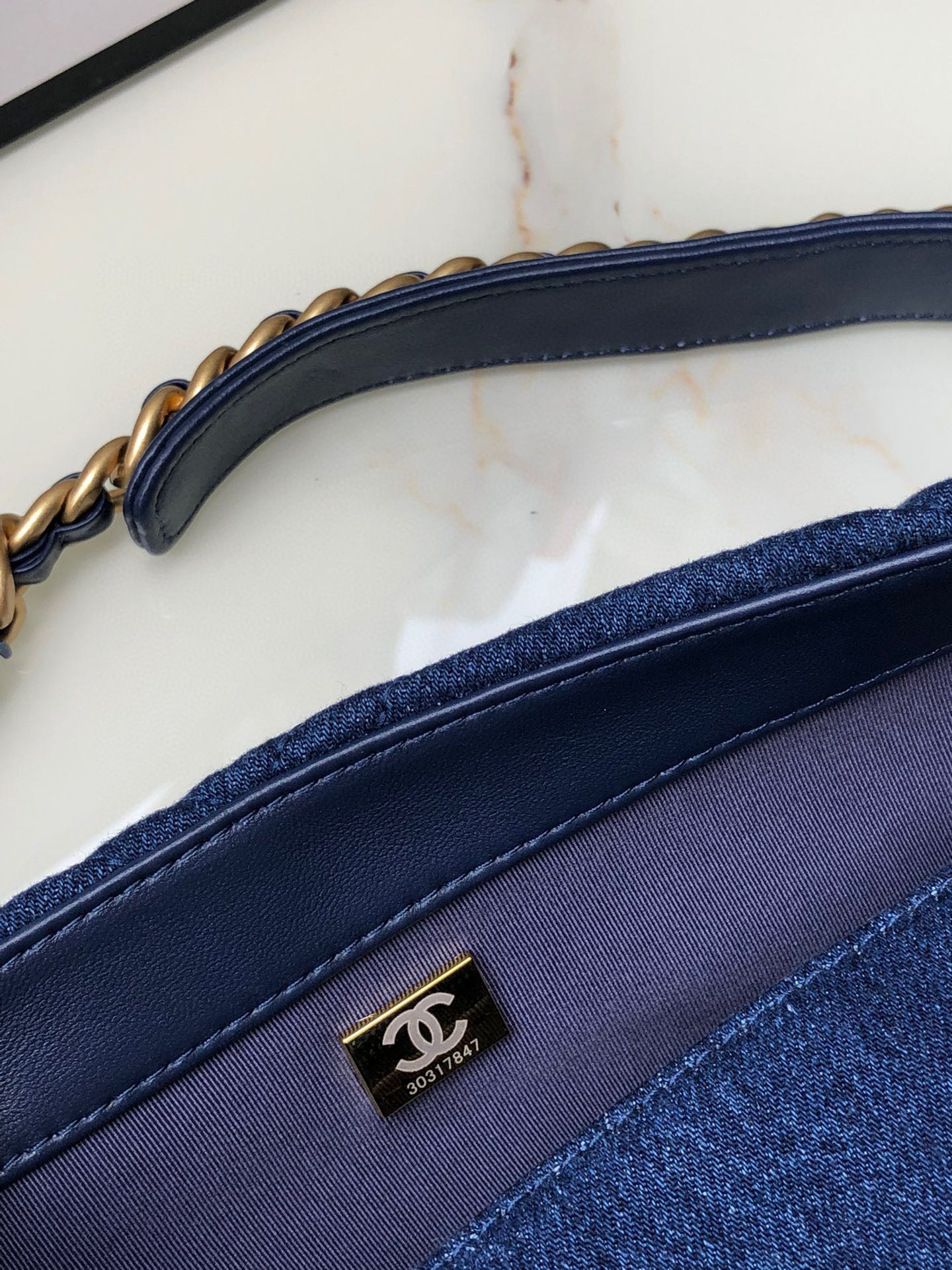 CHANEL 19 HANDBAG, Gold-Tone, Silver-Tone & Ruthenium-Finish Metal Navy 6.2 × 10.1 × 3.5 in