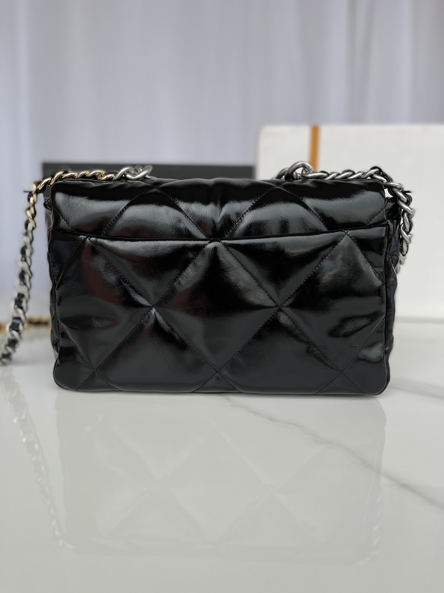 CHANEL 19 LARGE HANDBAG Shiny Leather, Gold-Tone, Silver-Tone & Ruthenium-Finish Metal Black 7.8 × 11.7 × 3.9 in