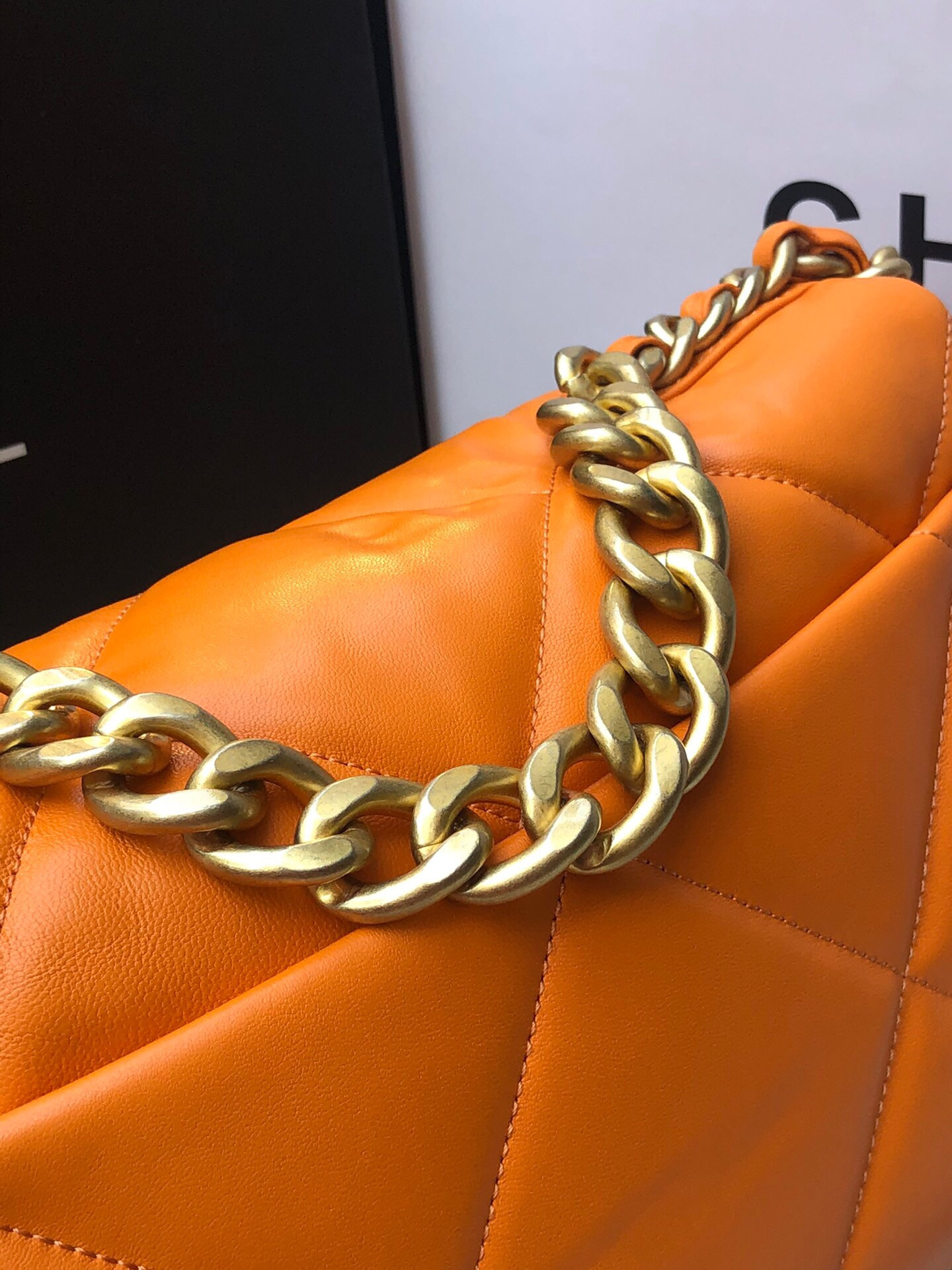 CHANEL 19 LARGE HANDBAG Shiny Leather, Gold-Tone, Silver-Tone & Ruthenium-Finish Metal Orange 7.8 × 11.7 × 3.9 in