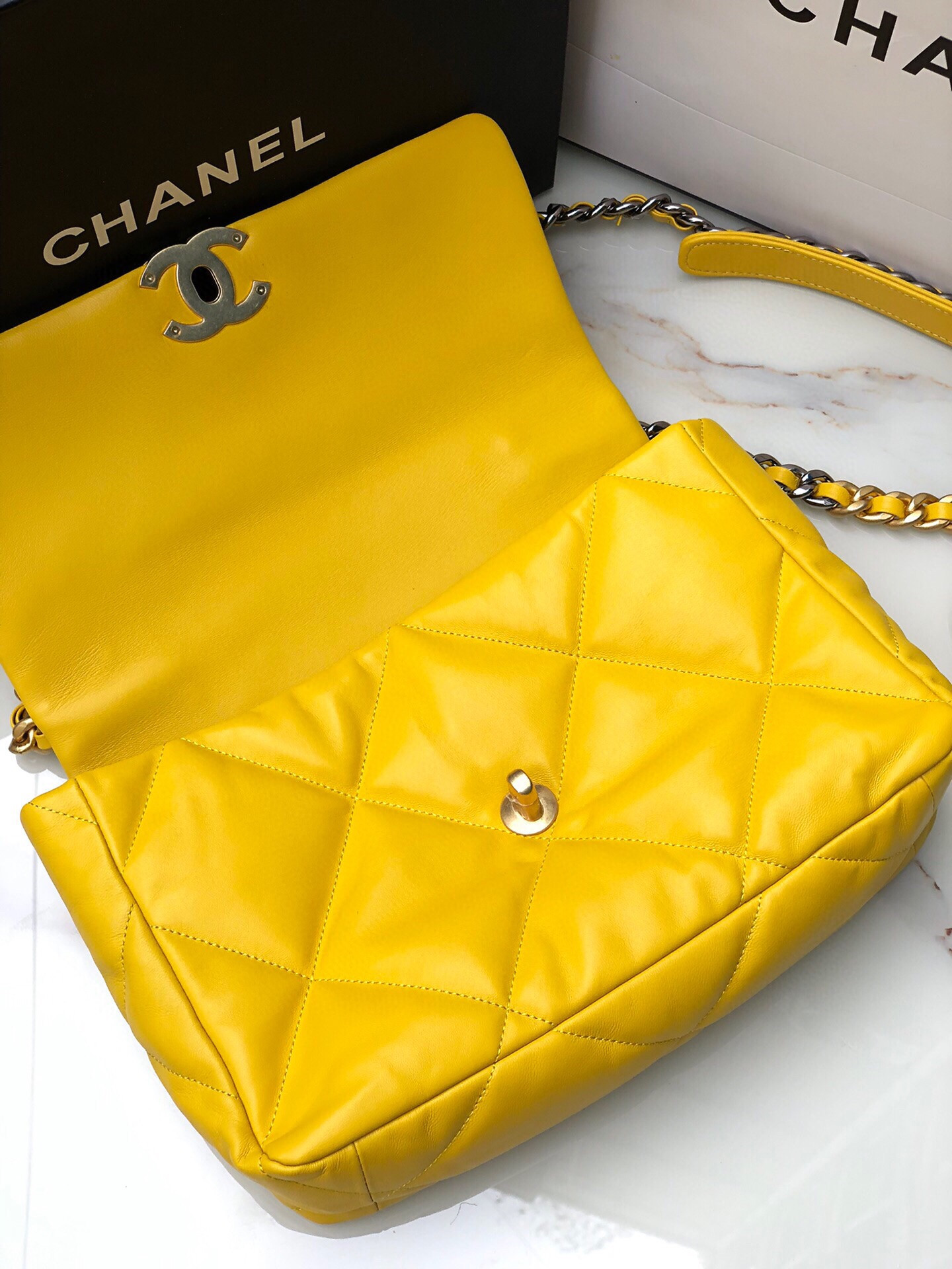 CHANEL 19 LARGE HANDBAG Shiny Leather, Gold-Tone, Silver-Tone & Ruthenium-Finish Metal Yellow 7.8 × 11.7 × 3.9 in