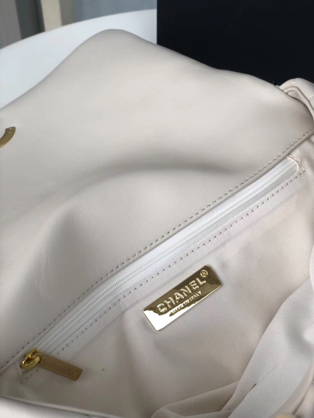 CHANEL 19 LARGE HANDBAG Shiny Leather, Gold-Tone, Silver-Tone & Ruthenium-Finish Metal Beige 7.8 × 11.7 × 3.9 in