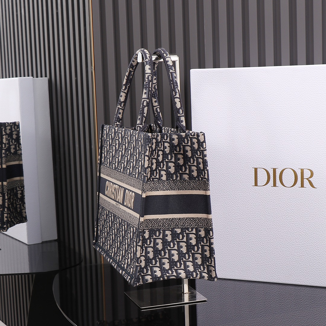 Medium Dior Book Tote  Ecru and Blue Dior Oblique Embroidery 14 x 11 x 6.5 inches