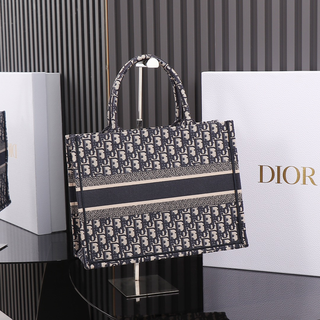 Medium Dior Book Tote  Ecru and Blue Dior Oblique Embroidery 14 x 11 x 6.5 inches