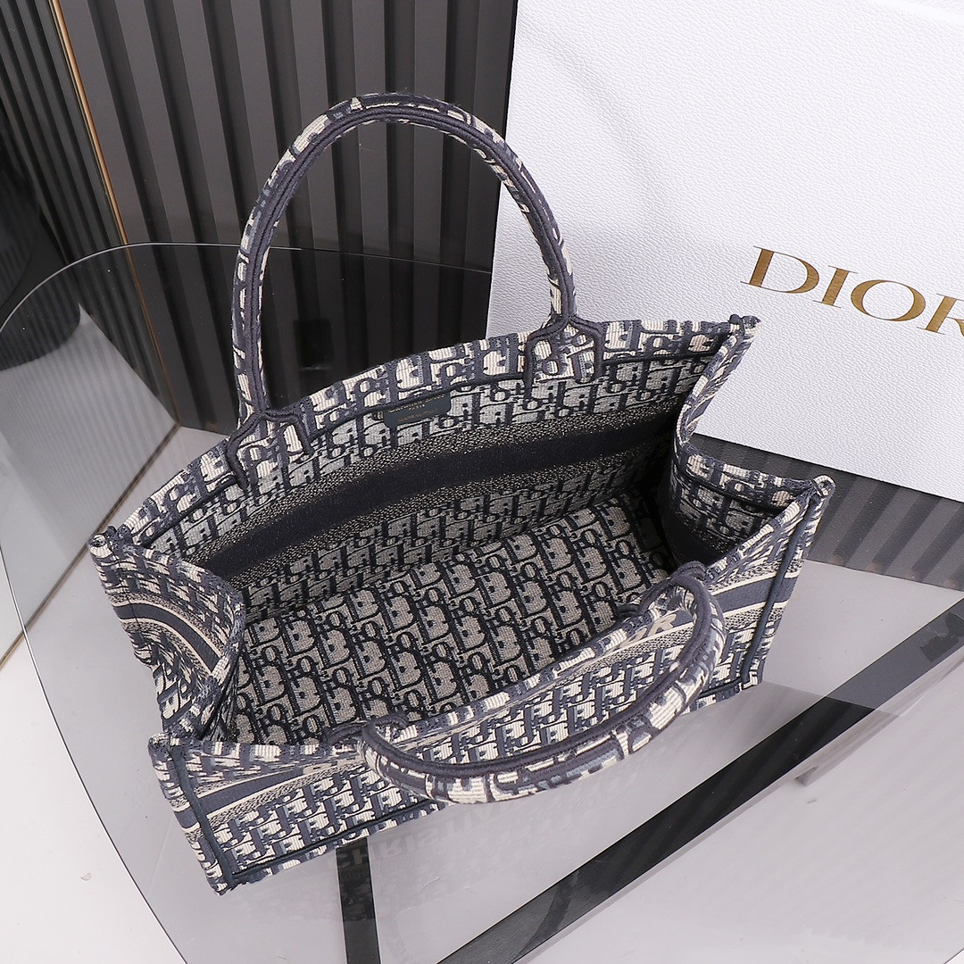 Medium Dior Book Tote  Ecru and Blue Dior Oblique Embroidery 14 x 11 x 6.5 inches