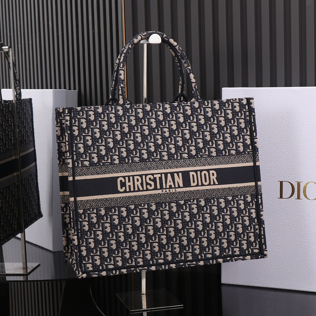 Large Dior Book Tote Ecru and Blue Dior Oblique Embroidery 16.5 x 14 x 7.5 inches