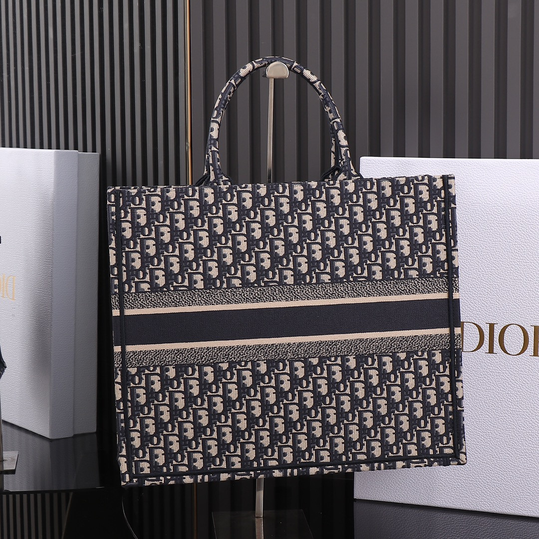 Large Dior Book Tote  Ecru and Blue Dior Oblique Embroidery 16.5 x 14 x 7.5 inches