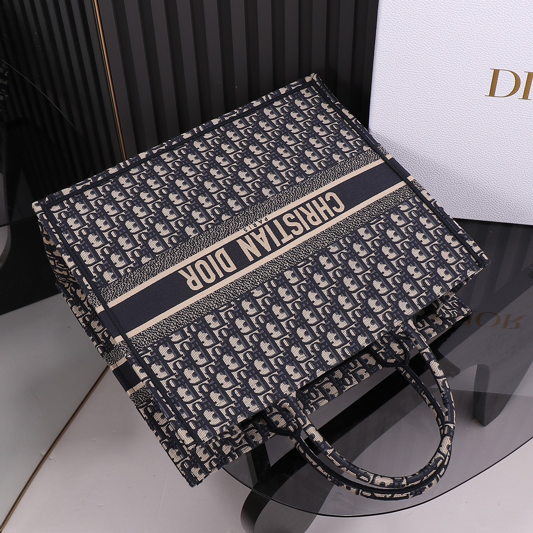 Large Dior Book Tote  Ecru and Blue Dior Oblique Embroidery 16.5 x 14 x 7.5 inches