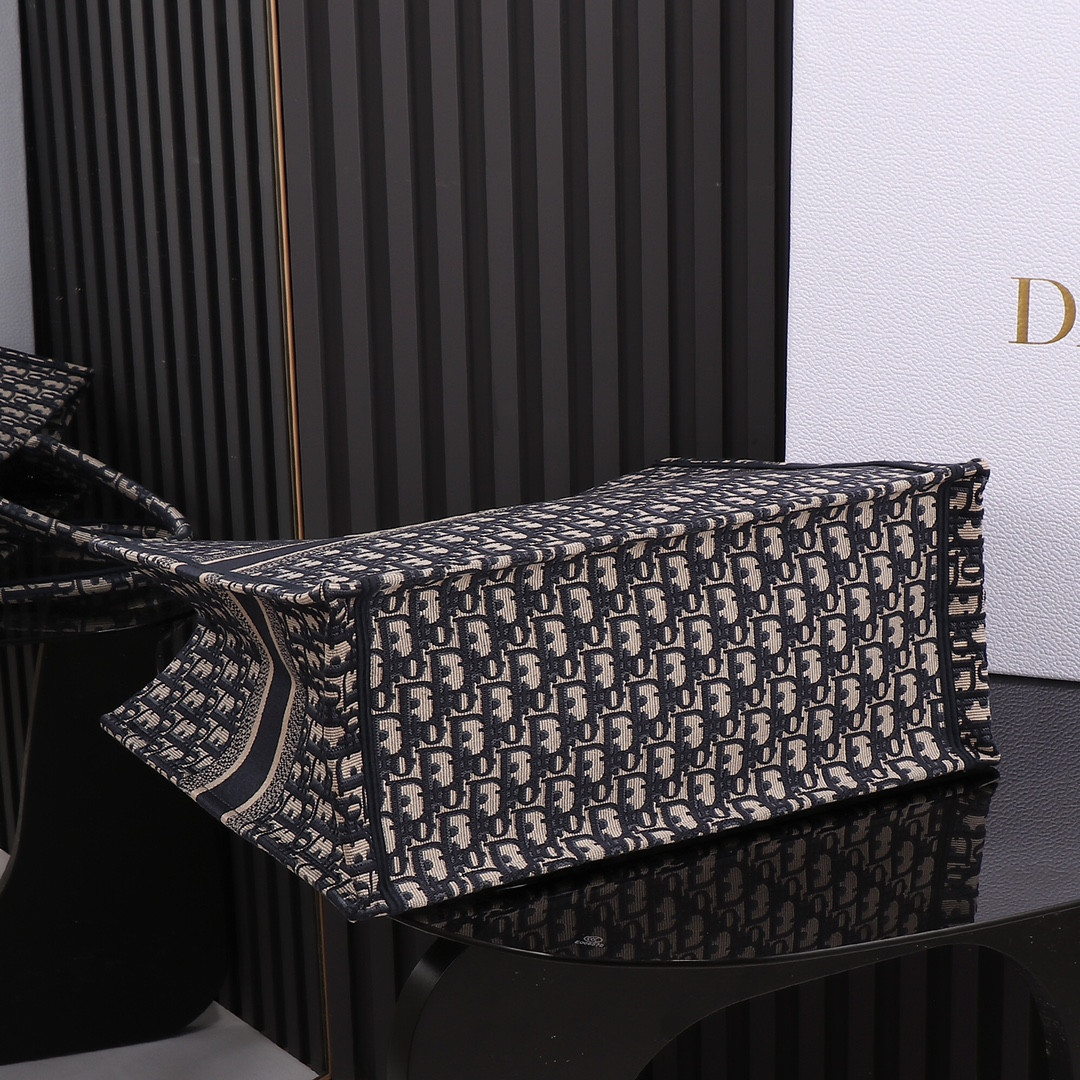Large Dior Book Tote  Ecru and Blue Dior Oblique Embroidery 16.5 x 14 x 7.5 inches