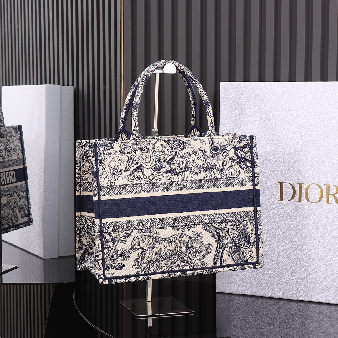 Medium Dior Book Tote  Ecru and Blue Toile de Jouy Embroidery 14 x 11 x 6.5 inches