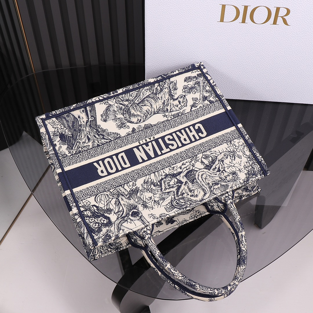 Medium Dior Book Tote  Ecru and Blue Toile de Jouy Embroidery 14 x 11 x 6.5 inches