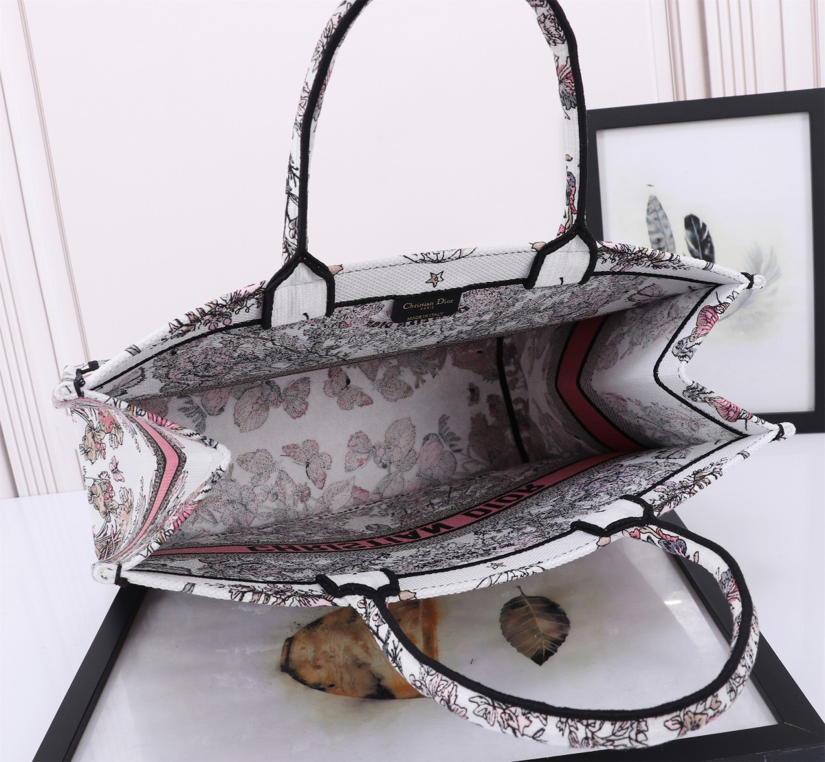 Large DIOR BOOK TOTE WHITE AND PASTEL PINK BUTTERFLY AROUND THE WORLD EMBROIDERY 16.5 x 14 x 7.5 inches
