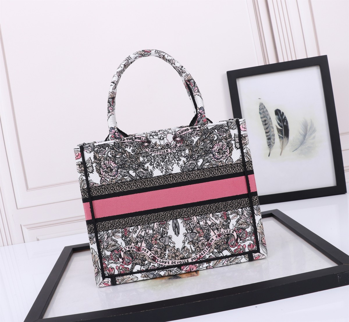 Small DIOR BOOK TOTE WHITE AND PASTEL PINK BUTTERFLY AROUND THE WORLD EMBROIDERY  10.5 x 8.5 x 5.5 inches