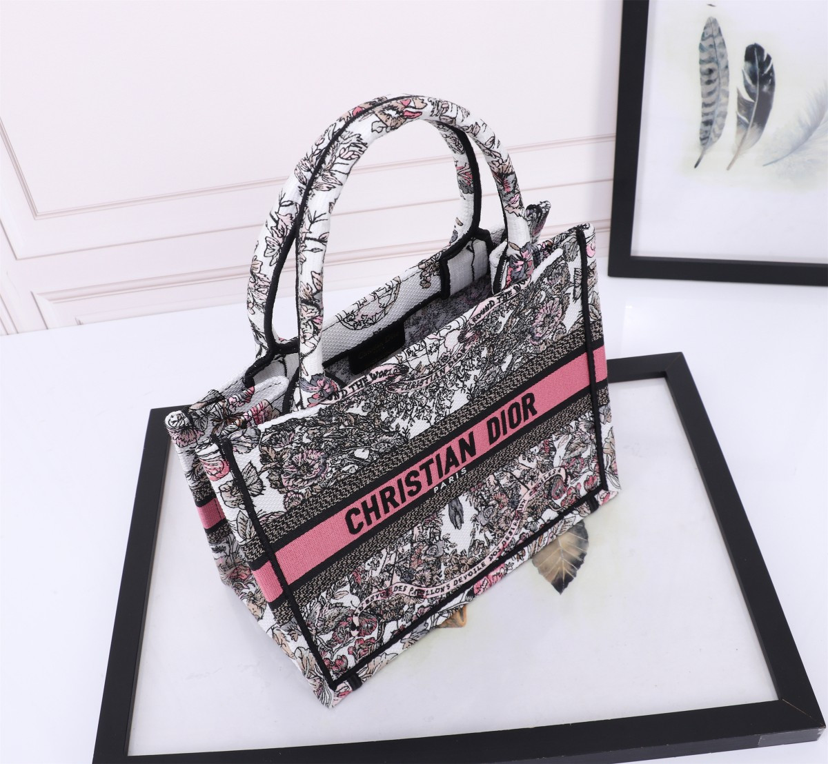 Small DIOR BOOK TOTE WHITE AND PASTEL PINK BUTTERFLY AROUND THE WORLD EMBROIDERY  10.5 x 8.5 x 5.5 inches