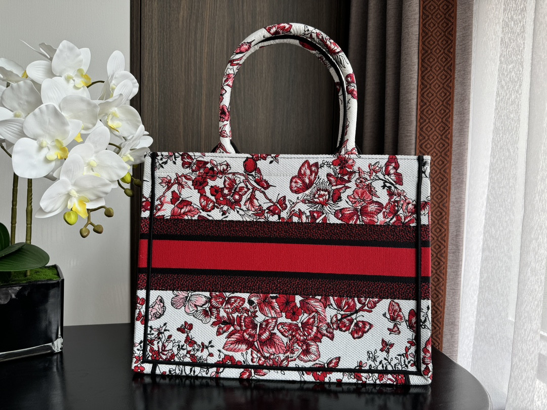 Medium Dior Book Tote  White and Red Le Cœur des Papillons Embroidery 14 x 11 x 6.5 inches