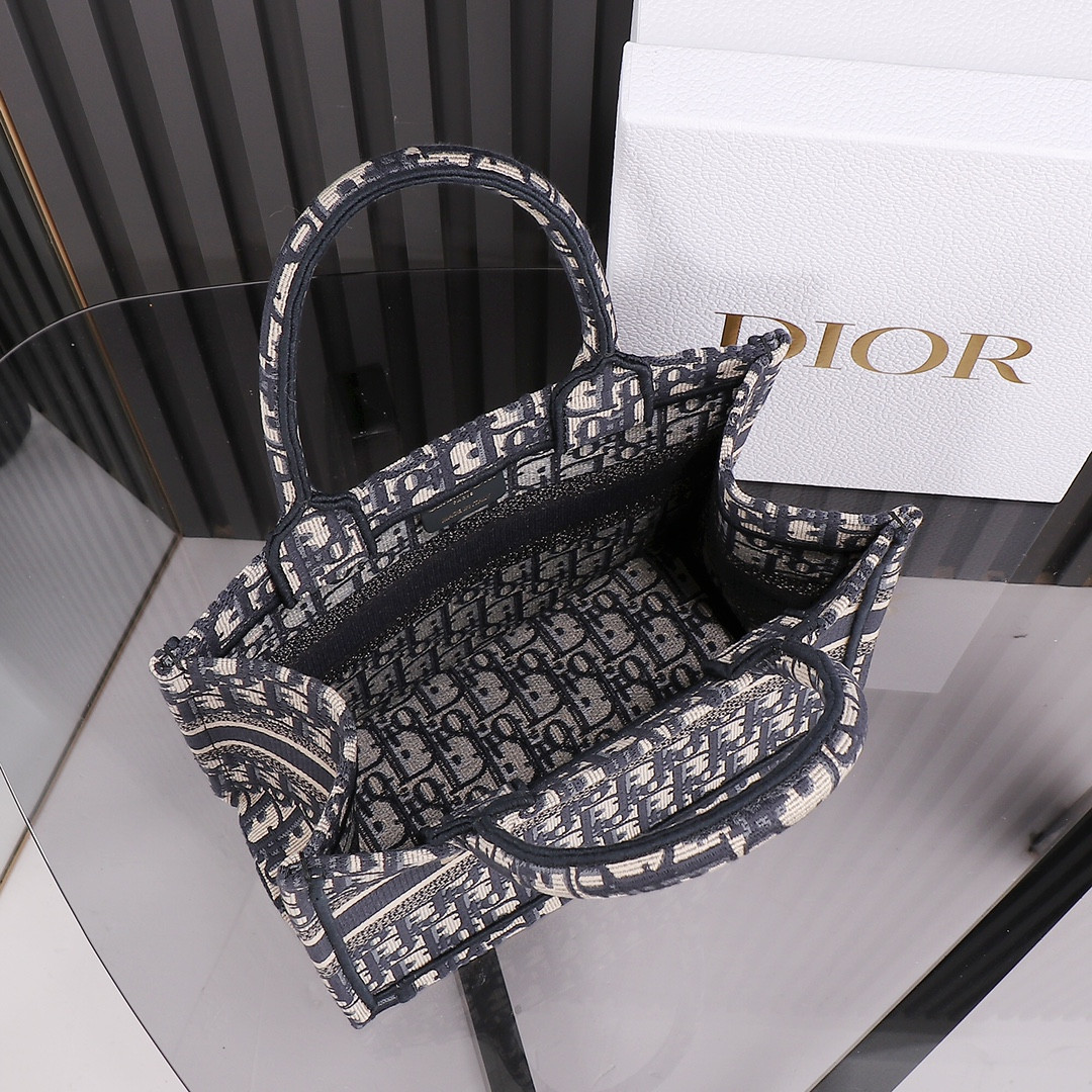 Small Dior Book Tote Ecru and Blue Dior Oblique Embroidery 10.5 x 8.5 x 5.5 inches