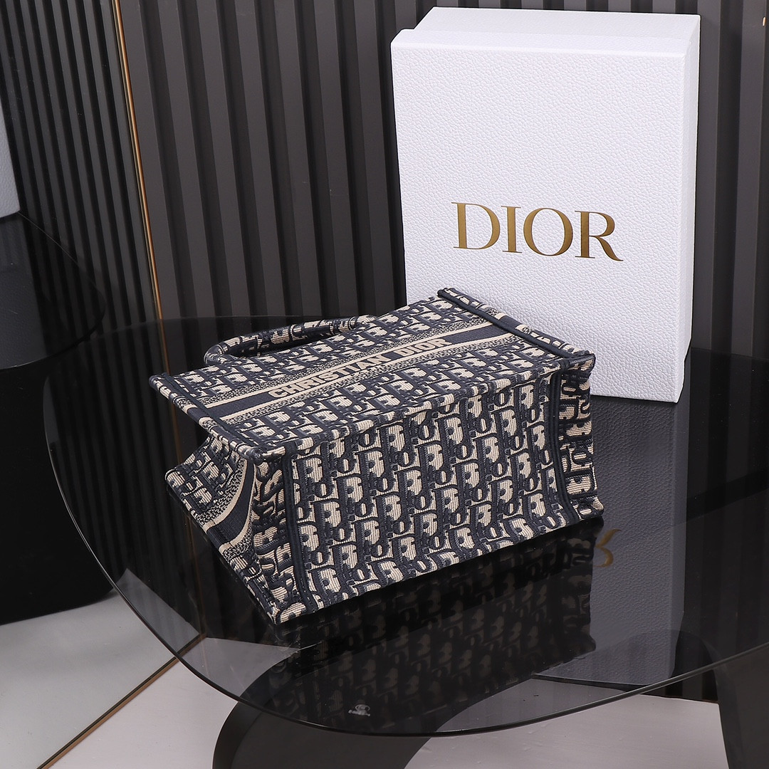 Small Dior Book Tote Ecru and Blue Dior Oblique Embroidery 10.5 x 8.5 x 5.5 inches
