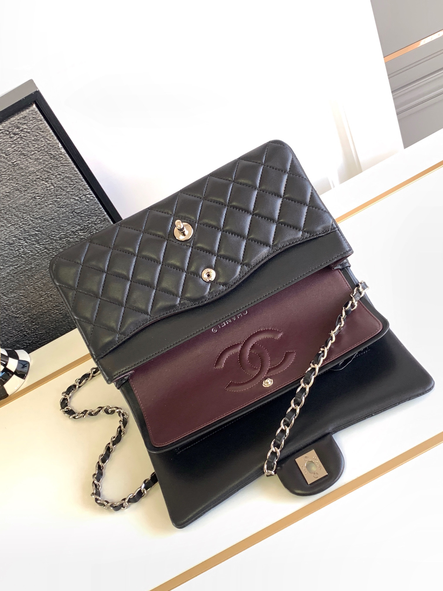 CHANEL CLASSIC HANDBAG GRAINED SHINY CALFSKIN & SILVER-TONE METAL BLACK 6 × 9.9 × 2.5 in