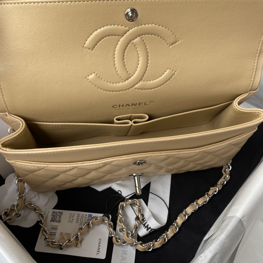 CHANEL CLASSIC HANDBAG GRAINED SHINY CALFSKIN & SILVER-TONE METAL COFFEE 6 × 9.9 × 2.5 in