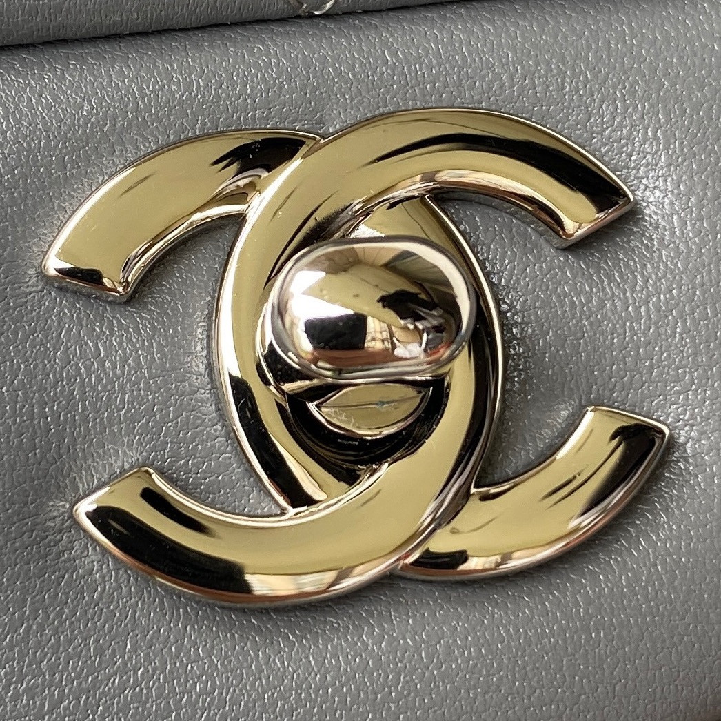 CHANEL CLASSIC HANDBAG GRAINED SHINY CALFSKIN & SILVER-TONE METAL GRAY 6 × 9.9 × 2.5 in