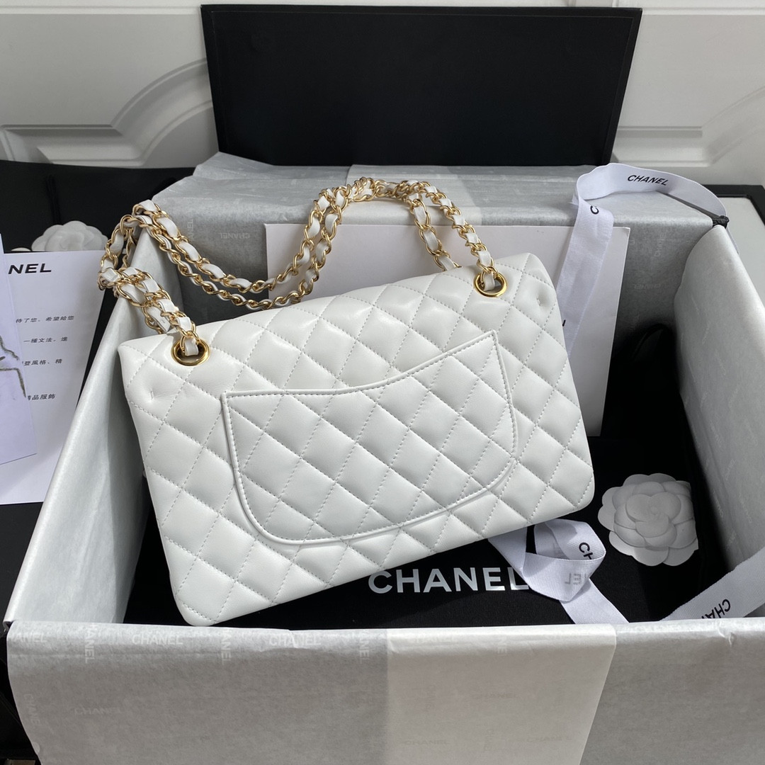 CHANEL CLASSIC HANDBAG GRAINED SHINY CALFSKIN & GOLD-TONE METAL WHITE 6 × 9.9 × 2.5 in