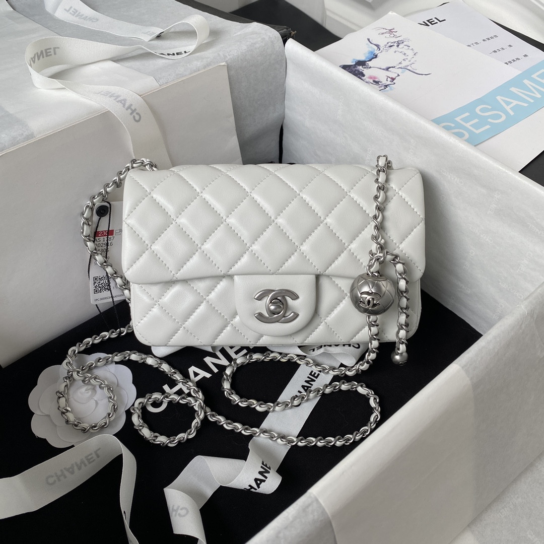 CHANEL MINI FLAP BAG SHINY CALFSKIN & SILVER-TONE METAL WHITE 4.7 × 7.8 × 2.3 in