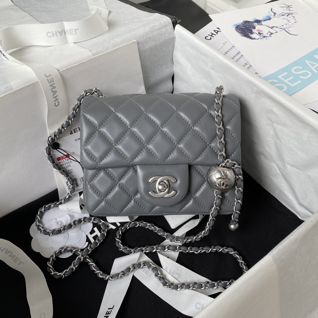 CHANEL MINI FLAP BAG SHINY CALFSKIN & SILVER-Tone METAL GRAY 5.3 × 6.6 × 3.1 in
