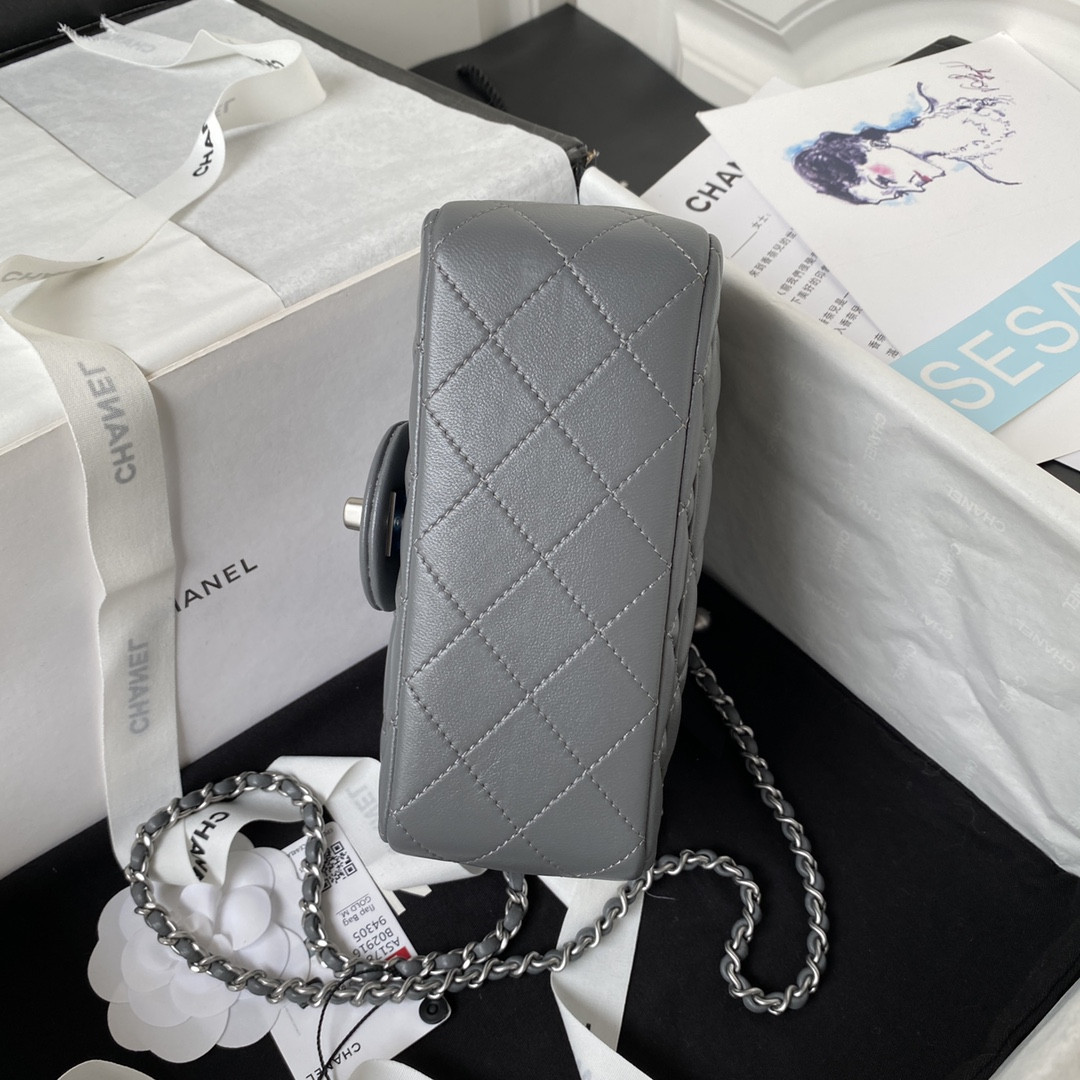 CHANEL MINI FLAP BAG SHINY CALFSKIN & SILVER-Tone METAL GRAY 5.3 × 6.6 × 3.1 in