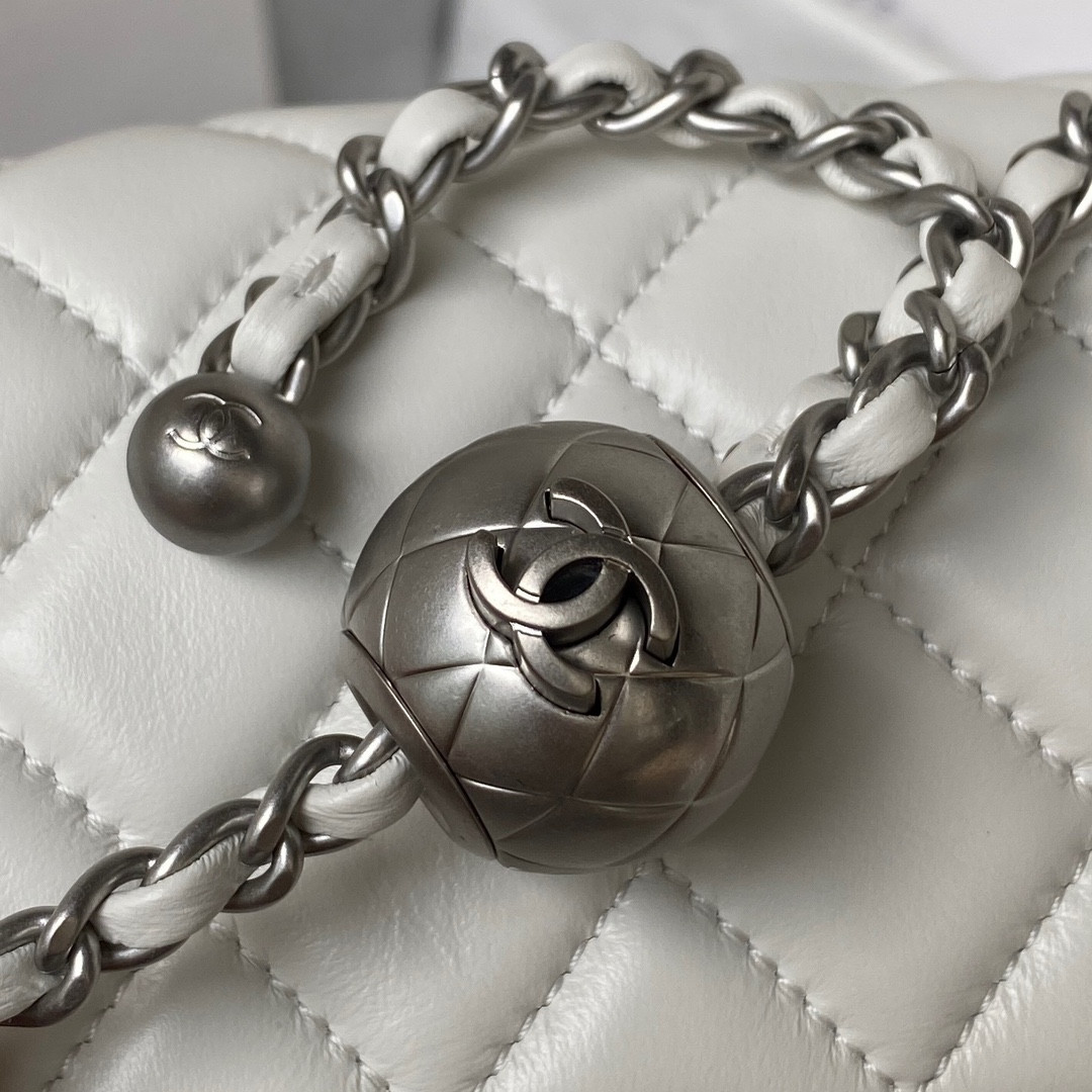 CHANEL MINI FLAP BAG SHINY CALFSKIN & SILVER-Tone METAL WHITE 5.3 × 6.6 × 3.1 in