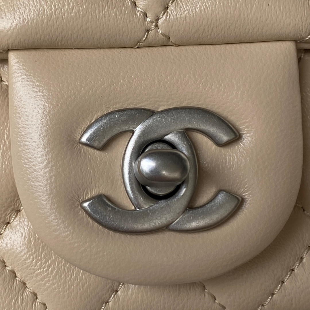 CHANEL MINI FLAP BAG SHINY CALFSKIN & SILVER-Tone METAL COFFEE 5.3 × 6.6 × 3.1 in