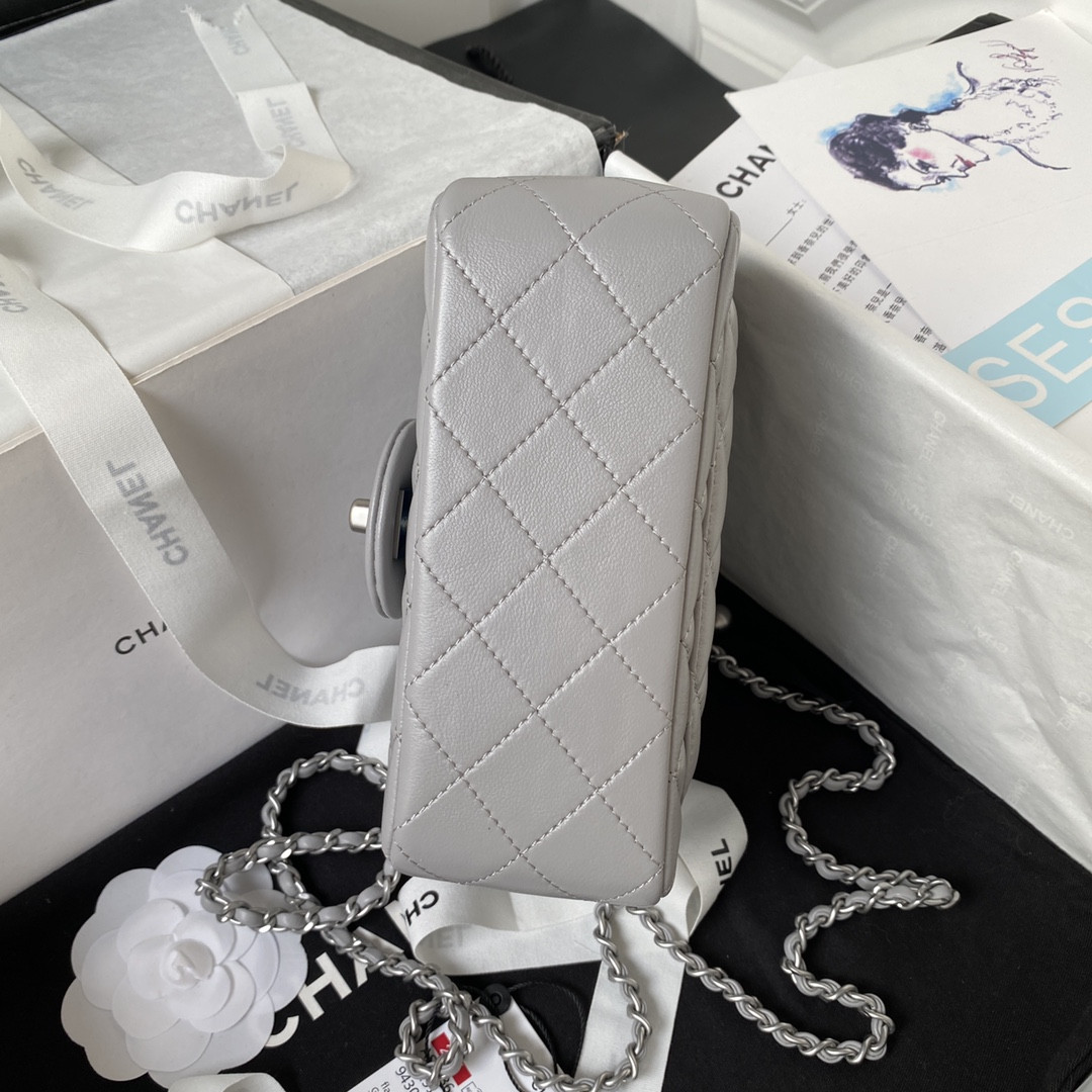 CHANEL MINI FLAP BAG SHINY CALFSKIN & SILVER-Tone METAL LIGHT GRAY 5.3 × 6.6 × 3.1 in