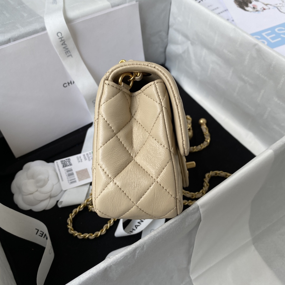 CHANEL MINI FLAP BAG SHINY CALFSKIN & gold-TONE METAL LIGHT beige 4.7 × 7.8 × 2.3 in