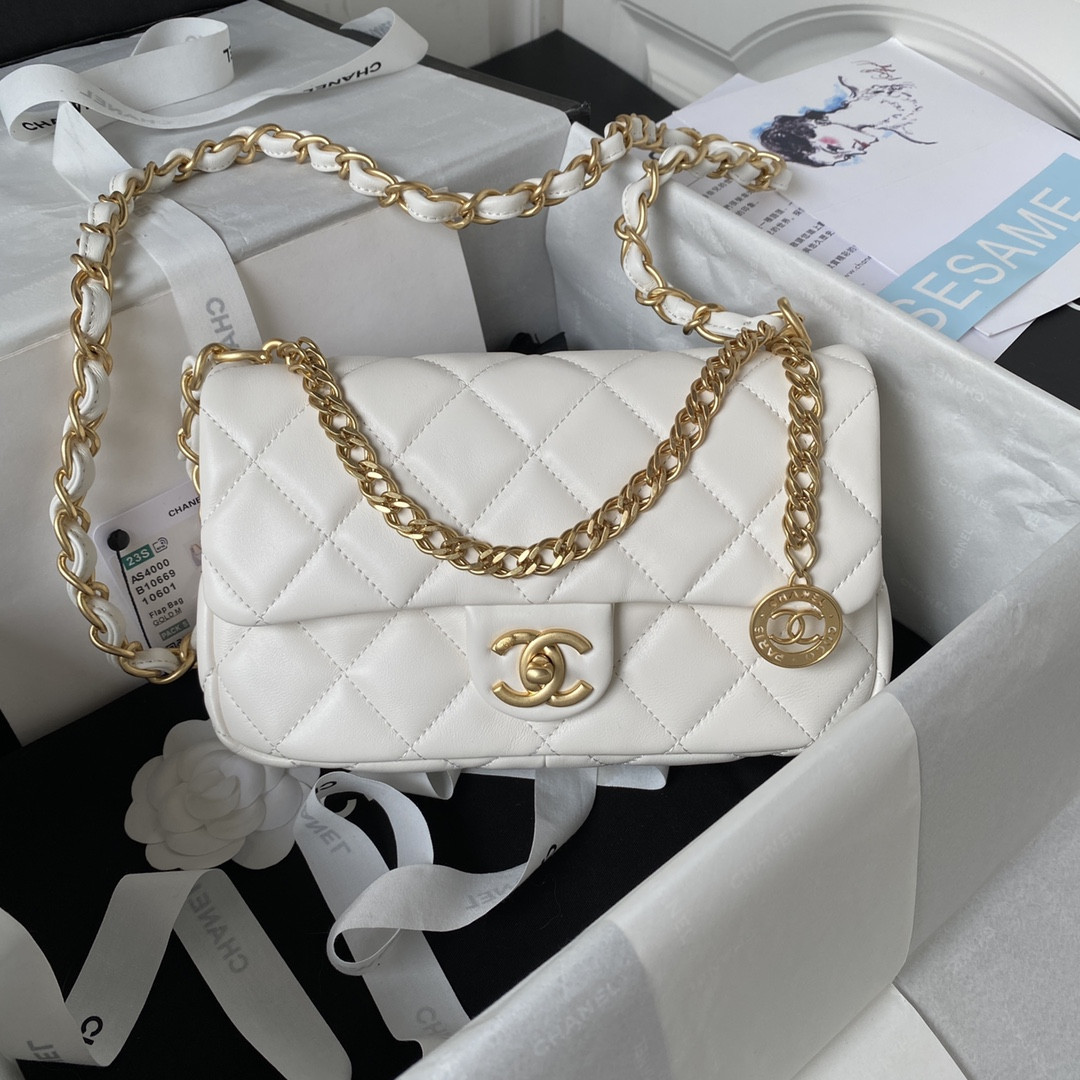 CHANEL SMALL CLASSIC HANDBAG GRAINED SHINY CALFSKIN & Gold-TONE METAL white 5.7 × 9 × 2.3 IN