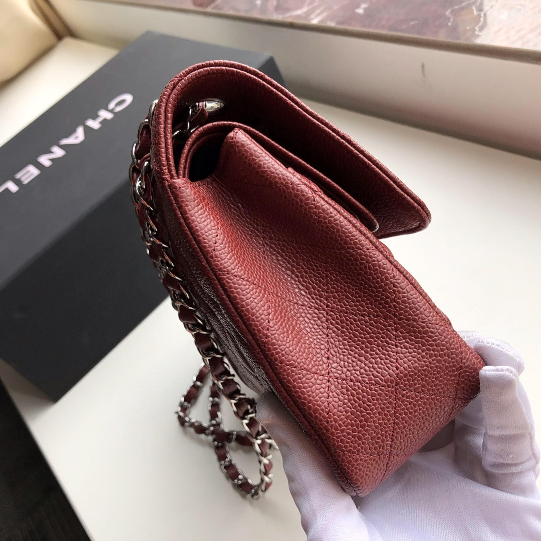 CHANEL CLASSIC HANDBAG GRAINED CALFSKIN & SILVER-TONE METAL red 6 × 9.9 × 2.5 in