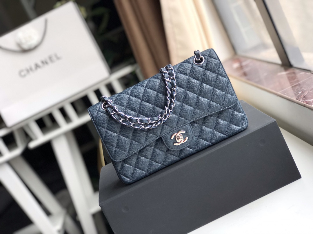 CHANEL CLASSIC HANDBAG GRAINED CALFSKIN & SILVER-TONE METAL NAVY 6 × 9.9 × 2.5 in