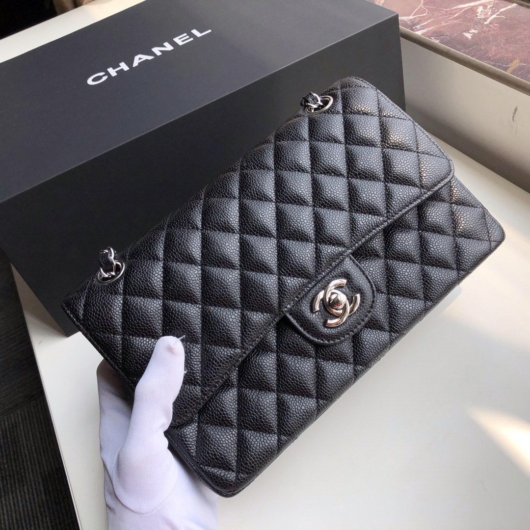 CHANEL CLASSIC HANDBAG GRAINED CALFSKIN & SILVER-TONE METAL black 6 × 9.9 × 2.5 in