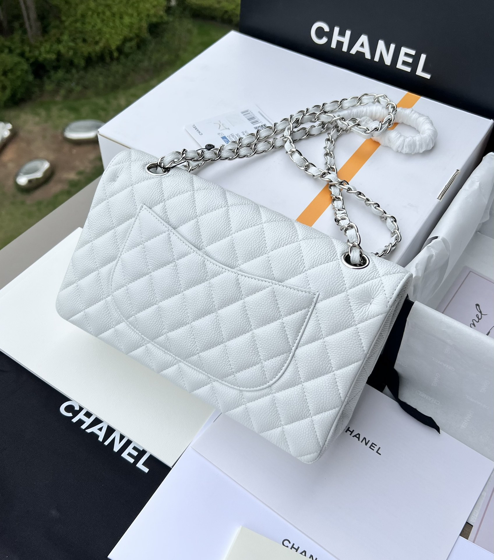 CHANEL CLASSIC HANDBAG GRAINED CALFSKIN & SILVER-TONE METAL WHITE 6 × 9.9 × 2.5 in