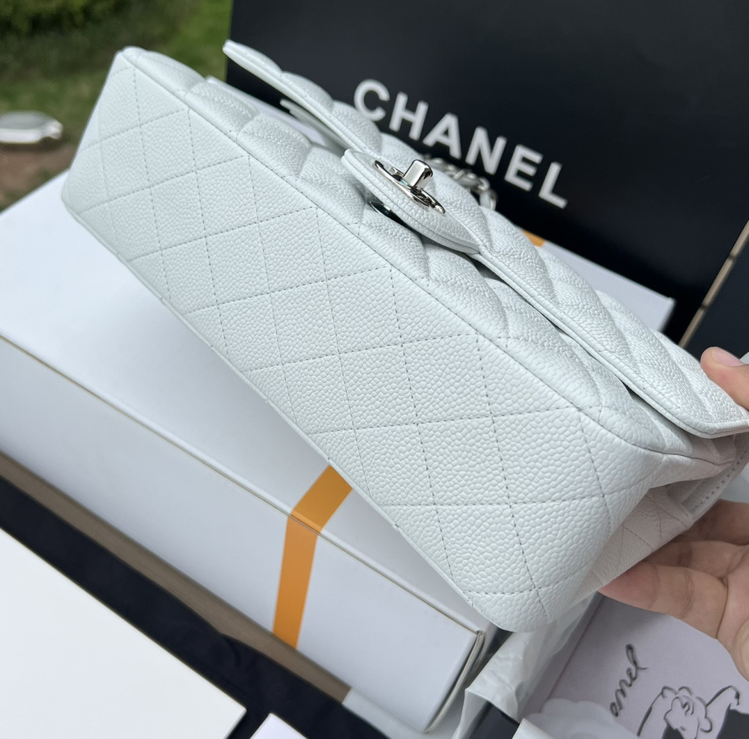 CHANEL CLASSIC HANDBAG GRAINED CALFSKIN & SILVER-TONE METAL WHITE 6 × 9.9 × 2.5 in