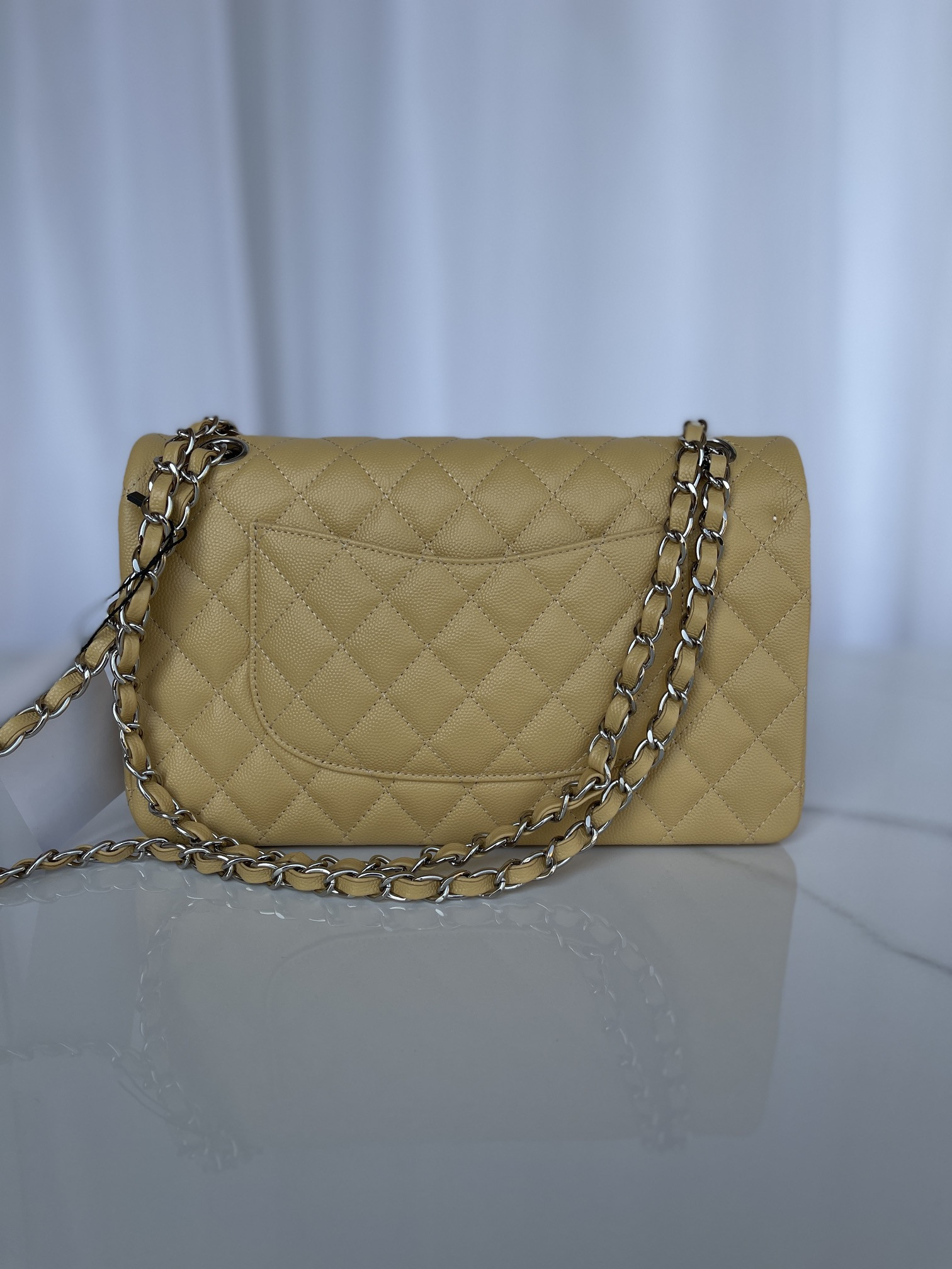 CHANEL CLASSIC HANDBAG GRAINED CALFSKIN & SILVER-TONE METAL YELLOW 6 × 9.9 × 2.5 in