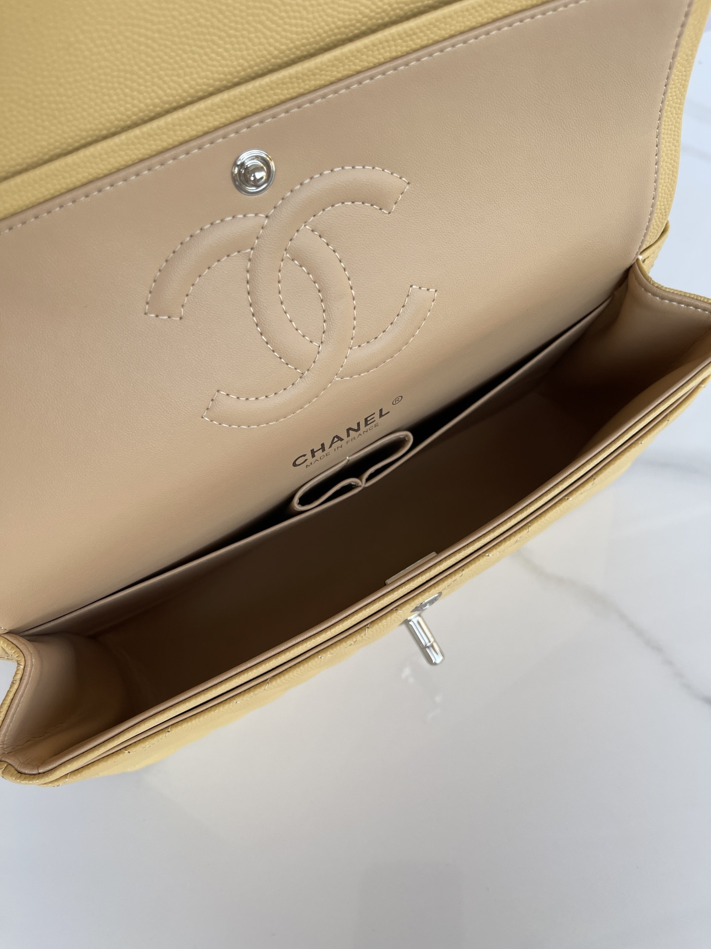 CHANEL CLASSIC HANDBAG GRAINED CALFSKIN & SILVER-TONE METAL YELLOW 6 × 9.9 × 2.5 in