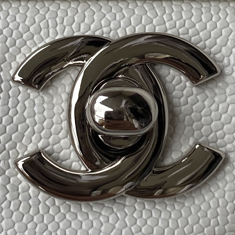 CHANEL SMALL CLASSIC HANDBAG Grained Calfskin & Silver-Tone Metal White 5.7 × 9 × 2.3 in