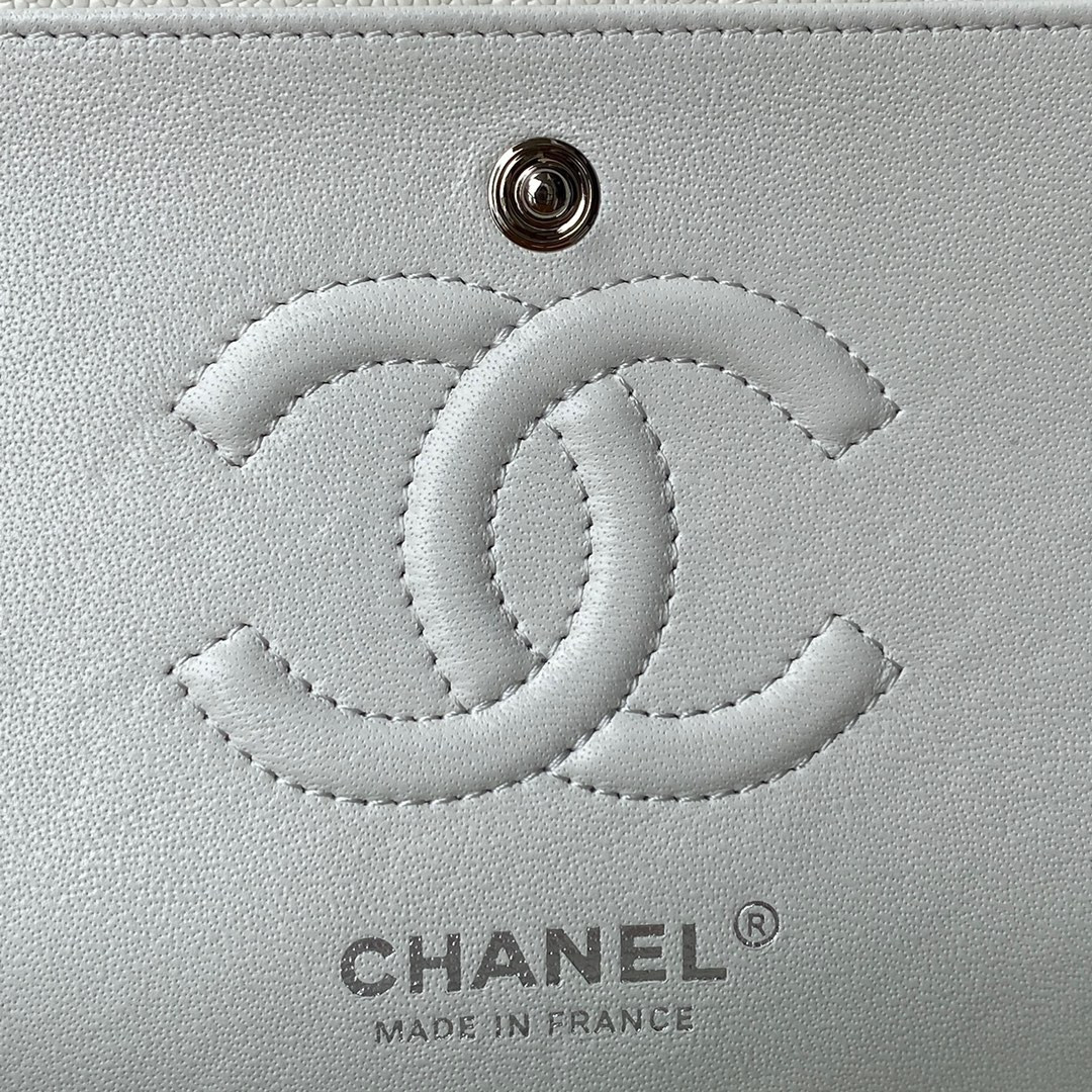 CHANEL SMALL CLASSIC HANDBAG Grained Calfskin & Silver-Tone Metal White 5.7 × 9 × 2.3 in