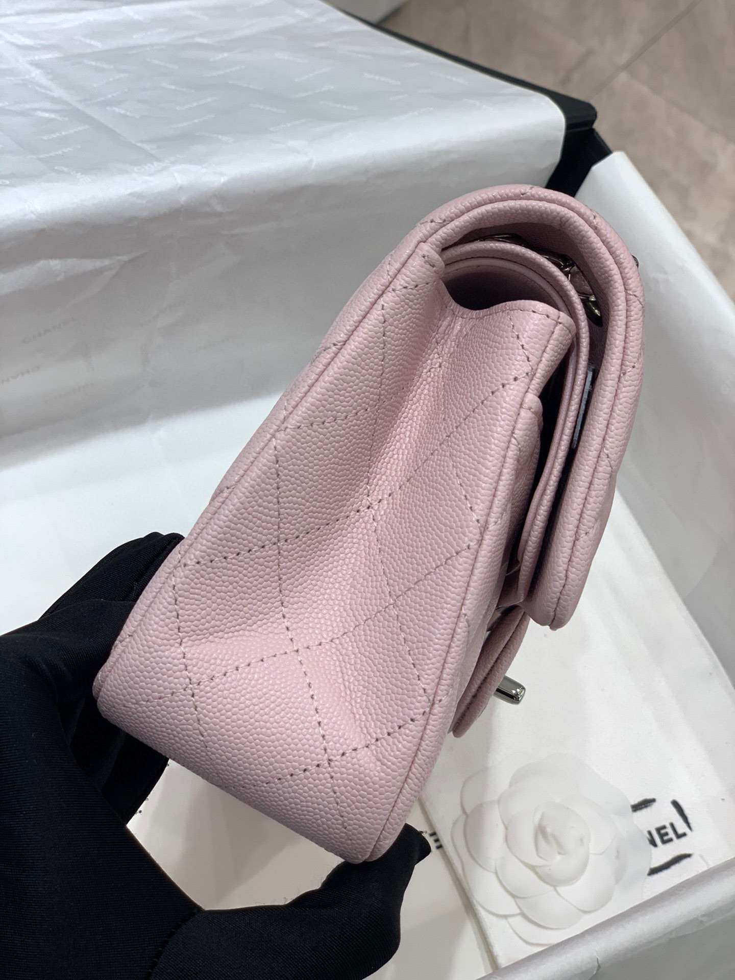 CHANEL CLASSIC HANDBAG Grained Calfskin & Silver-Tone Metal Pink 6 × 9.9 × 2.5 in