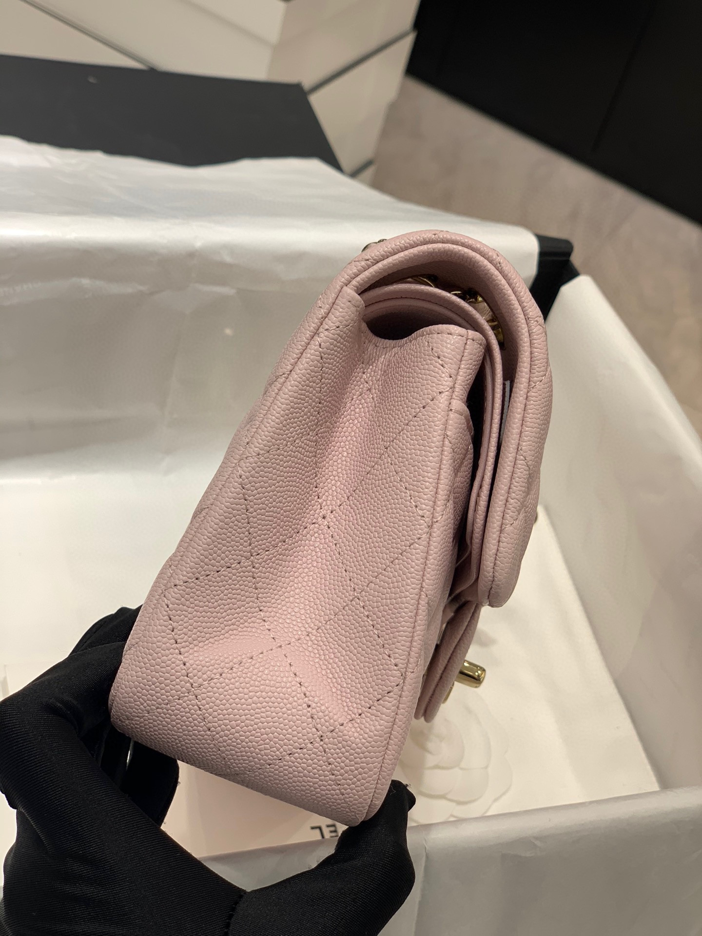 CHANEL CLASSIC HANDBAG GRAINED CALFSKIN & GOLD-TONE METAL LIGHT PINK 6 × 9.9 × 2.5 in