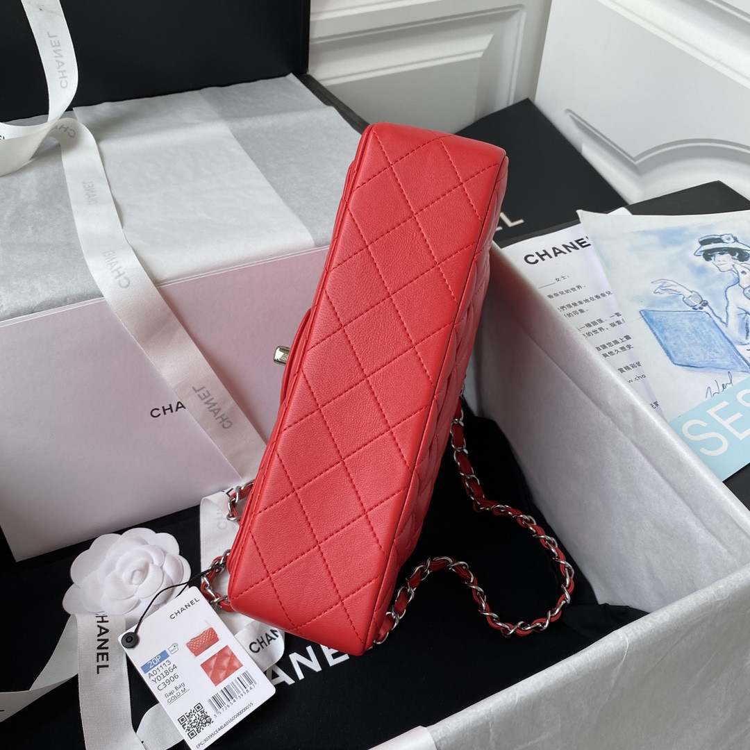 CHANEL SMALL CLASSIC HANDBAG  LAMBSKIN & SILVER-TONE METAL Red 5.7 × 9 × 2.3 IN