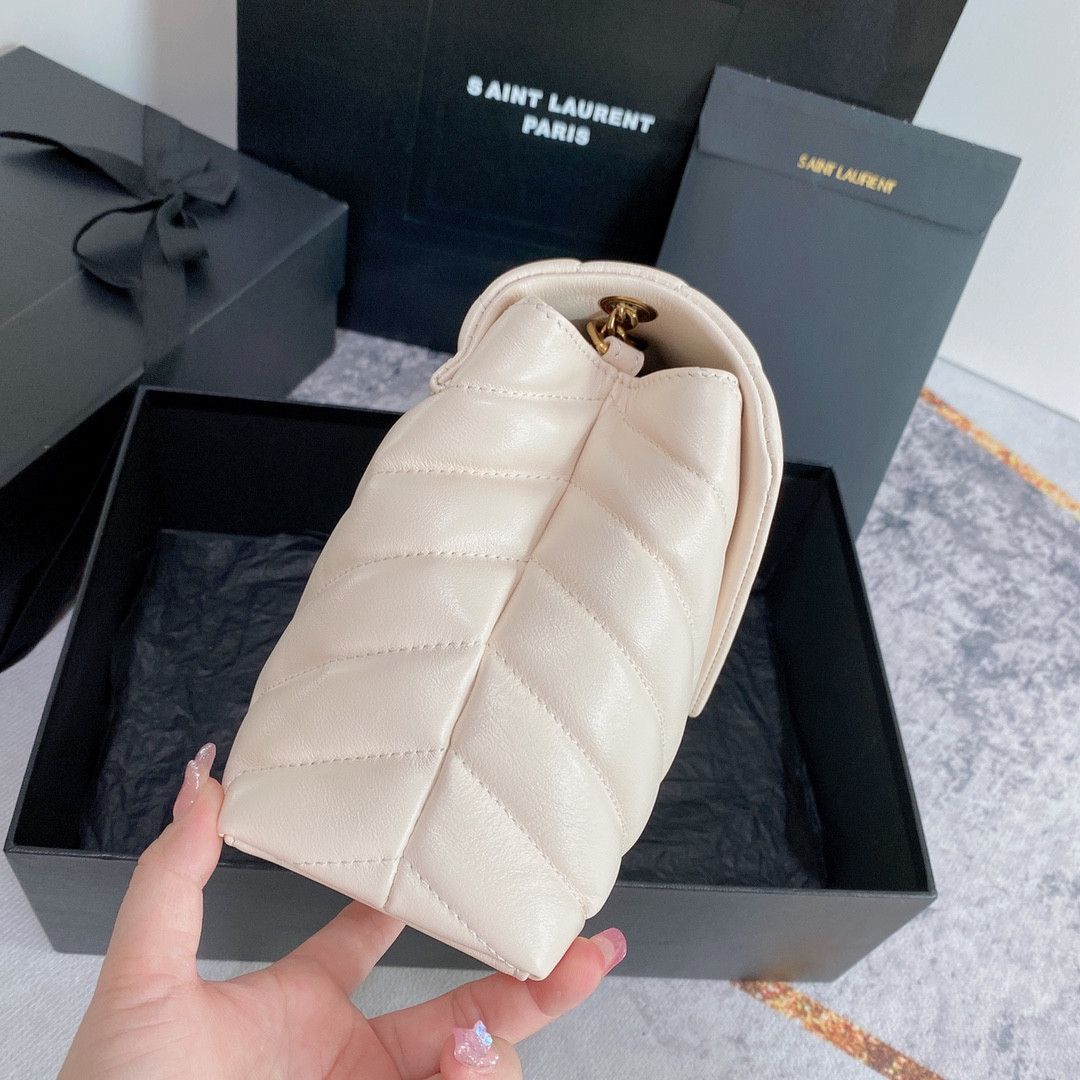 YSL LOULOU SMALL IN QUILTED LEATHER WHITE GOLD 9 X 6.1 X 3.3 INCHES